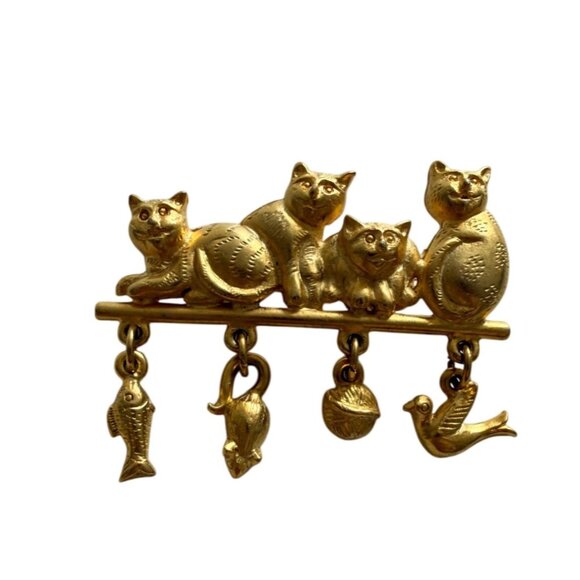 Unbranded Jewelry - Vintage Style Gold Tone Cat Brooch w Dangle Fish & Bird Charms